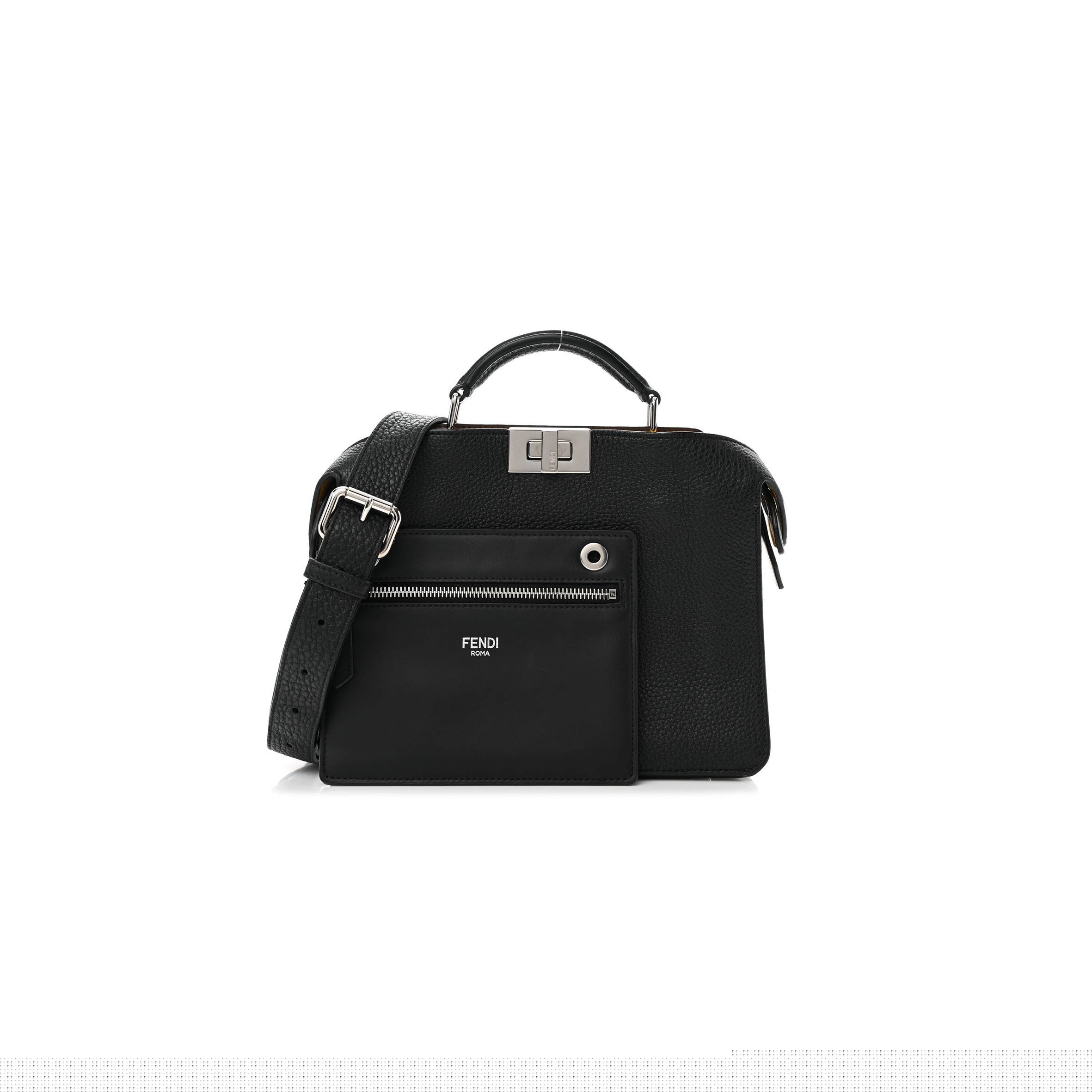 FENDI CUOIO ROMANO VITELLO GRACE LIGHT GLAZED FABRIC BI-COLOR FF 1974 MINI PEEKABOO I SEE U SATCHEL BLACK (25*20*9cm)