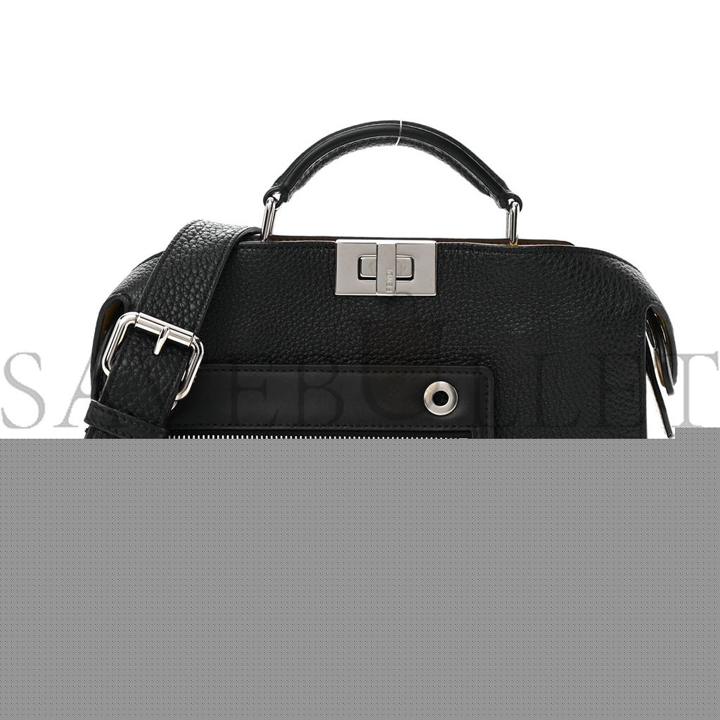 FENDI CUOIO ROMANO VITELLO GRACE LIGHT GLAZED FABRIC BI-COLOR FF 1974 MINI PEEKABOO I SEE U SATCHEL BLACK (25*20*9cm)