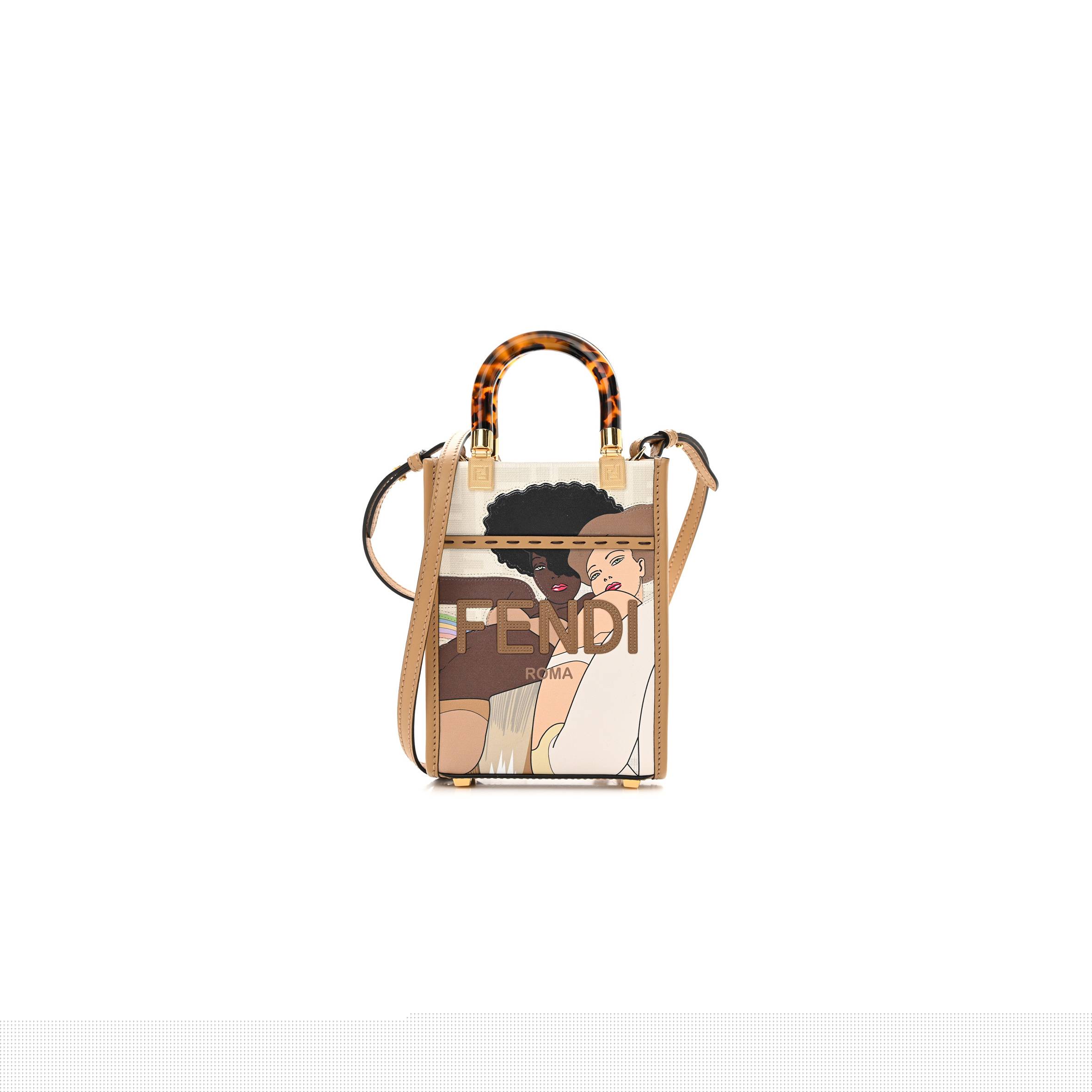 FENDI GLAZED FABRIC PLEXIGLASS FF LOGO BIKINI GIRLS MINI FENDI SUNSHINE SHOPPER TOTE BIANCO PERLA MULTICOLOR MIELE SCURO (18*13*5cm)