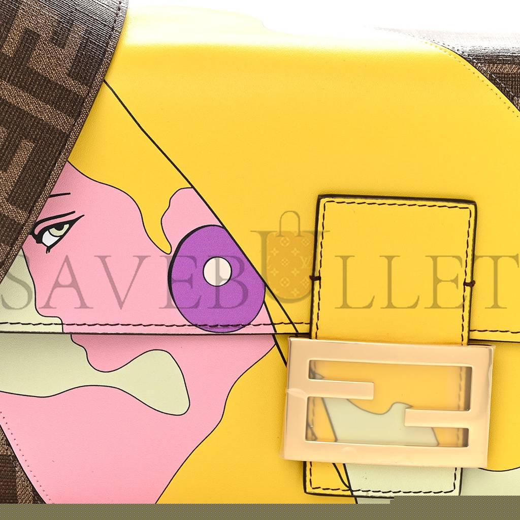 FENDI GLAZED FABRIC FF 1974 HAIRDO GIRLS INLAY BAGUETTE MOGANO PANNA MULTICOLOR (27*15*6cm)