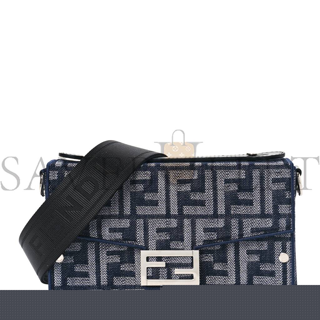 FENDI FABRIC JACQUARD REACTIVE JEAN DENIM VITELLO COVER FF BAGUETTE SOFT TRUNK BLUE BLACK (21*12*6cm)
