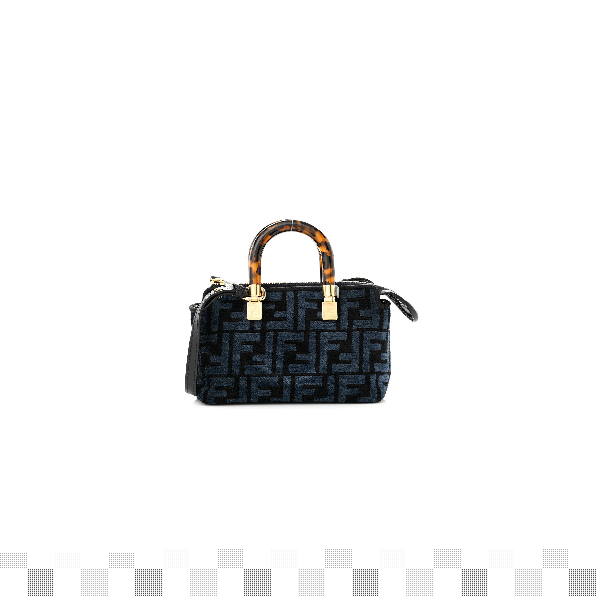 FENDI CHENILLE VITELLO KING PLEXIGLASS FF MINI BY THE WAY TOP HANDLE BOSTON BAG BLUE BLACK (17*11*8cm)