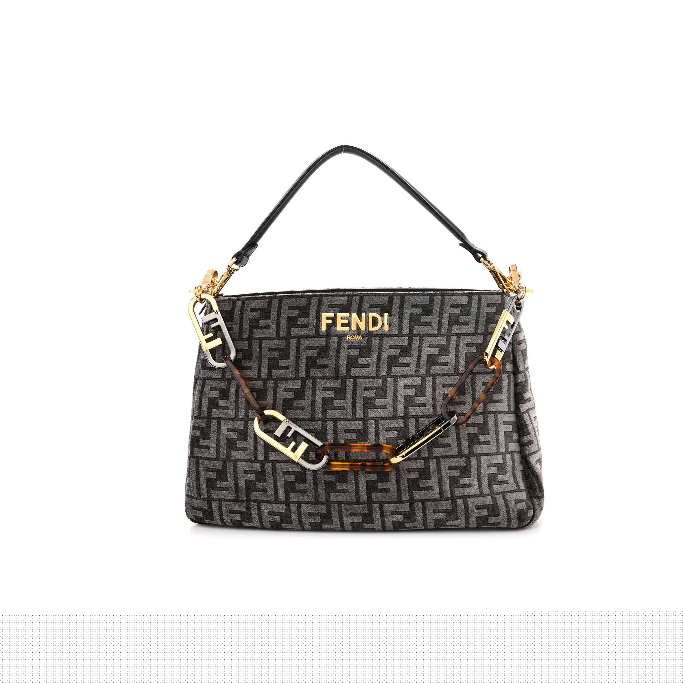 FENDI CHENILLE VITELLO SETA PLEXIGLASS FF O'LOCK ZIPPER ANTHRACITE ASFALTO (34*23*13cm)