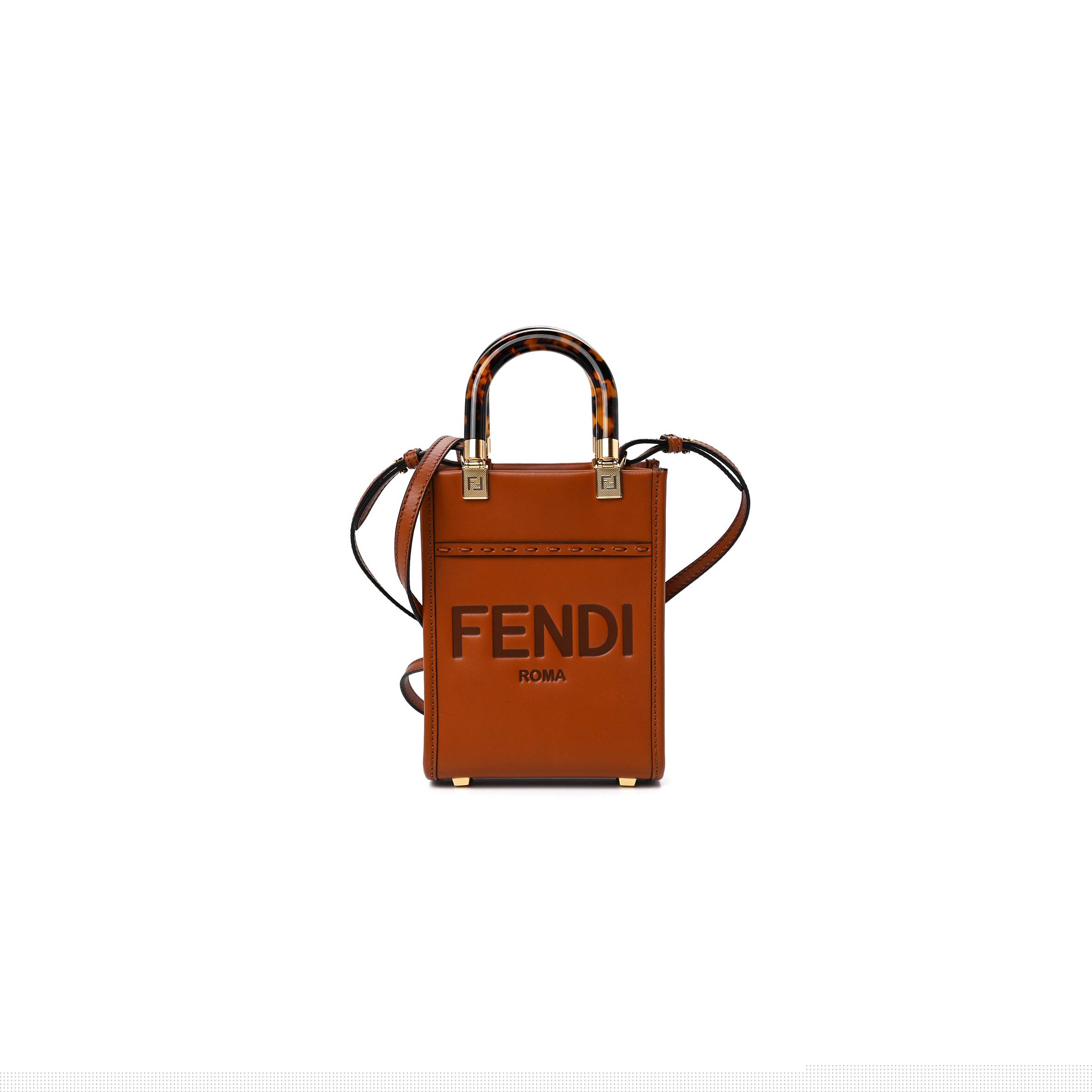 FENDI VITELLO KING PLEXIGLASS MINI FENDI SUNSHINE SHOPPER TOTE CUOIO (18*13*6cm)