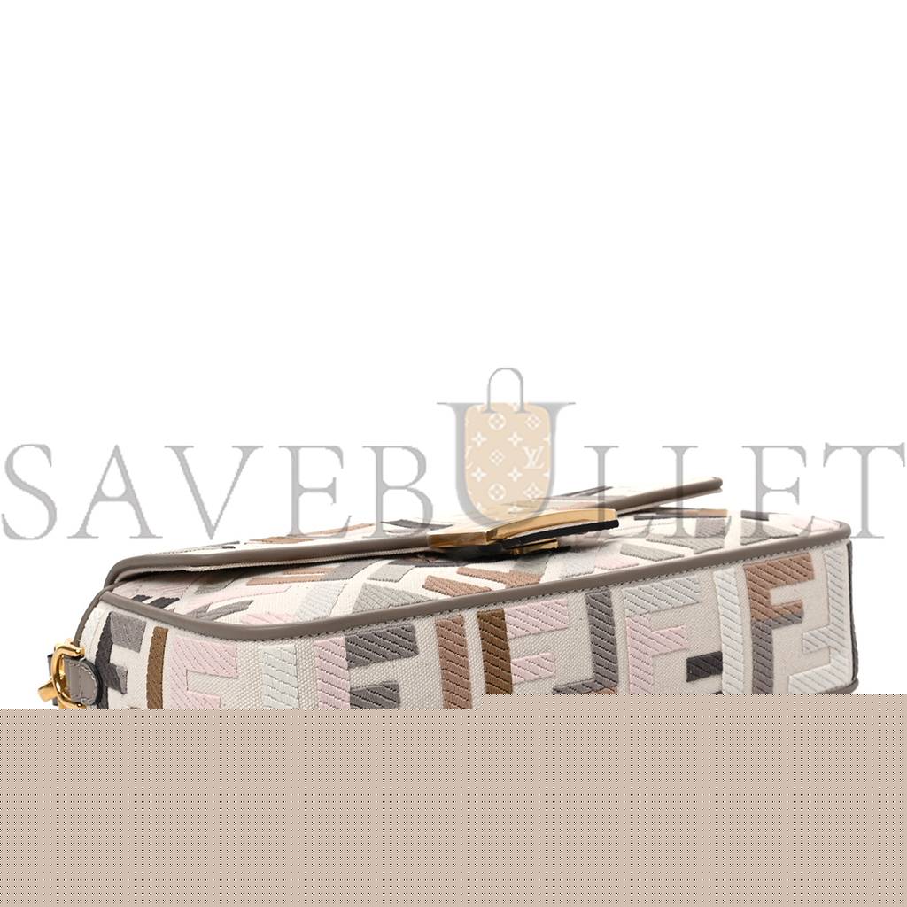 FENDI CANVAS VITELLO SETA FF MULTICOLOR EMBROIDERED BAGUETTE GREZZO MULTICOLOR TORTORA (28*16*6cm)