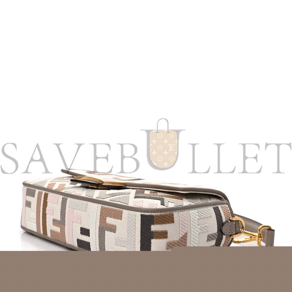 FENDI CANVAS VITELLO SETA FF MULTICOLOR EMBROIDERED BAGUETTE GREZZO MULTICOLOR TORTORA (28*16*6cm)
