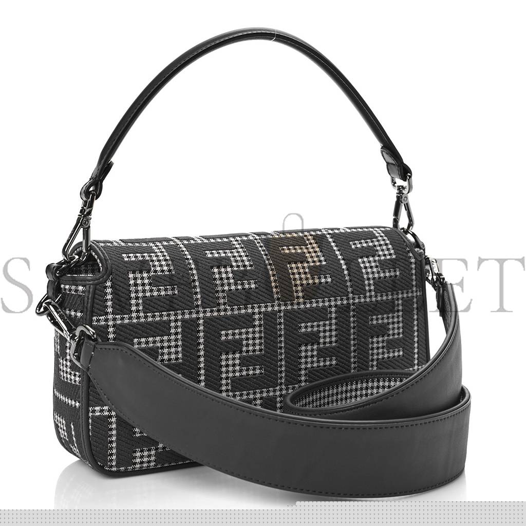 FENDI WOOL VITELLO KING HOUNDSTOOTH FF EMBROIDERED BAGUETTE GRIGIO ANTHRACITE (27*17*6cm)