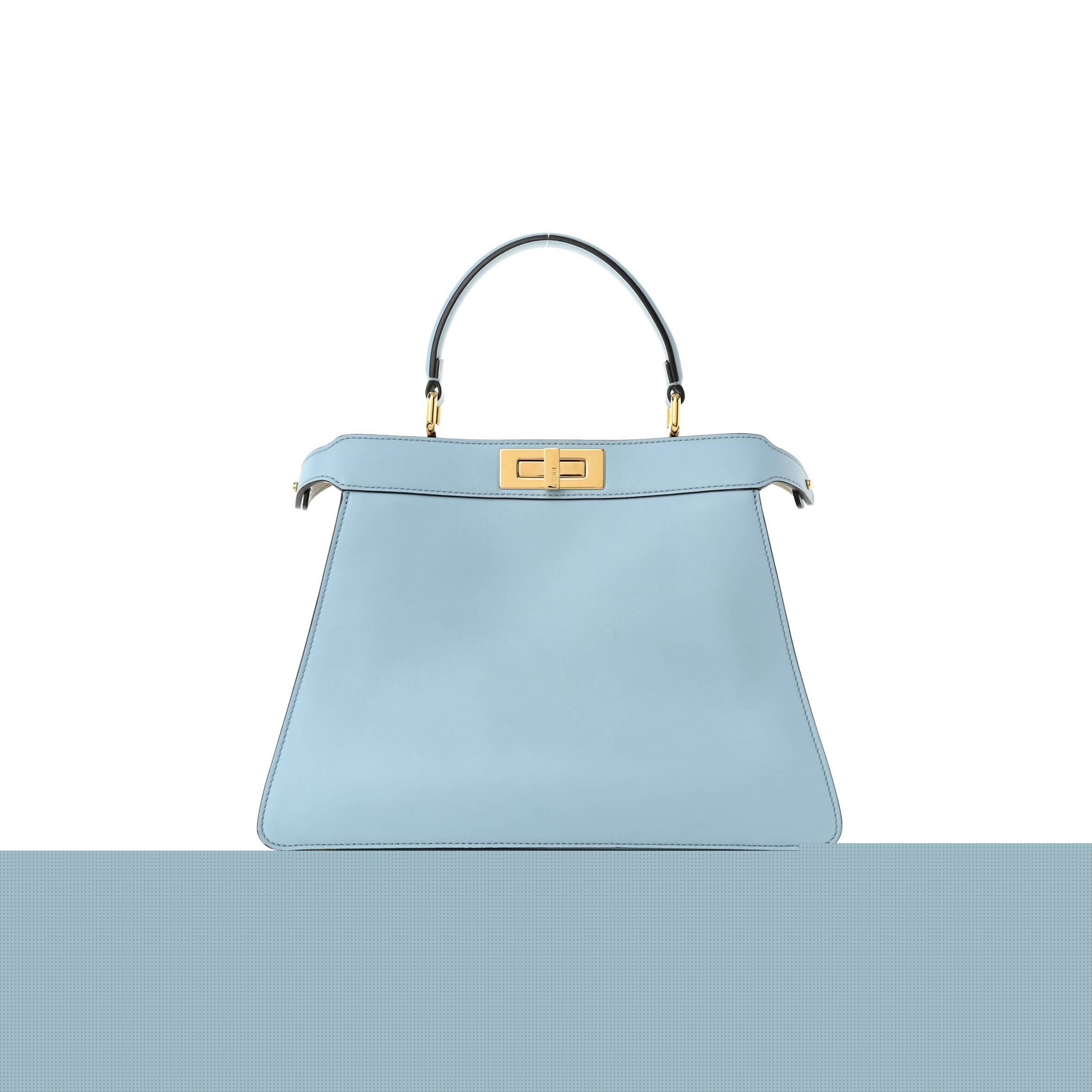 FENDI VITELLO SETA SHINY NAPPA MEDIUM PEEKABOO I SEE U SATCHEL AZZURRO BABY CAMELIA (33*24*13cm)