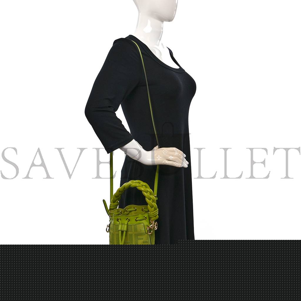 FENDI CANVAS VITELLO GRACE F IS FENDI FF EMBROIDERED MINI MON TRESOR BUCKET BAG WASABI (18*12*10cm)