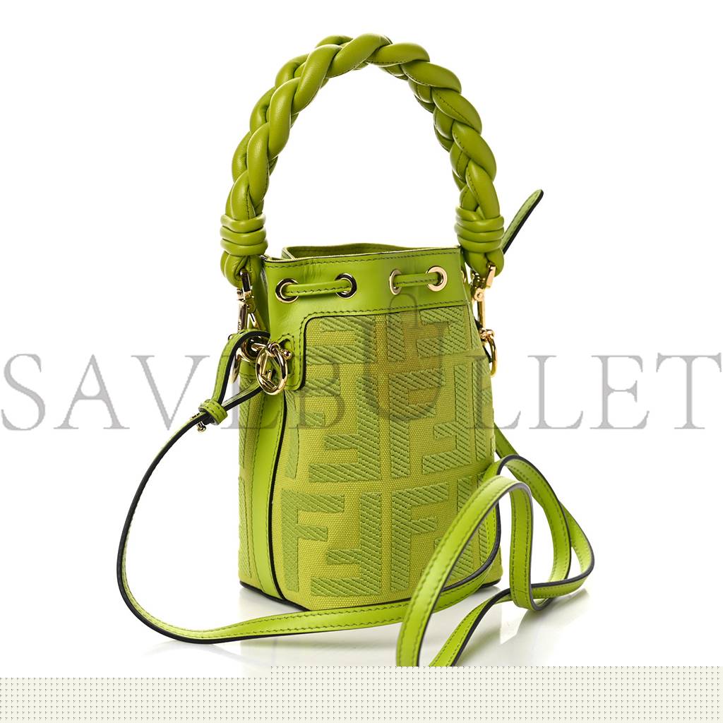 FENDI CANVAS VITELLO GRACE F IS FENDI FF EMBROIDERED MINI MON TRESOR BUCKET BAG WASABI (18*12*10cm)