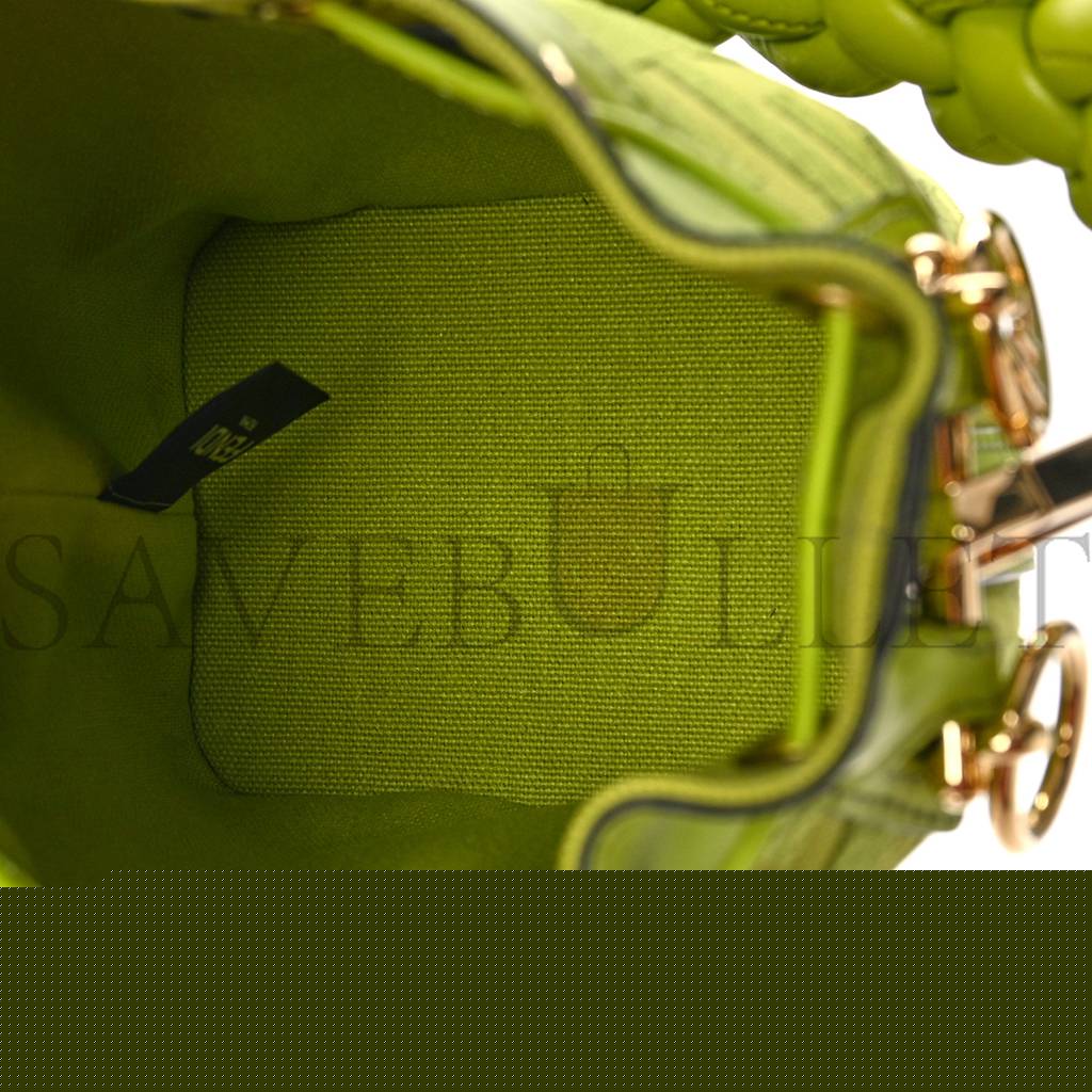 FENDI CANVAS VITELLO GRACE F IS FENDI FF EMBROIDERED MINI MON TRESOR BUCKET BAG WASABI (18*12*10cm)