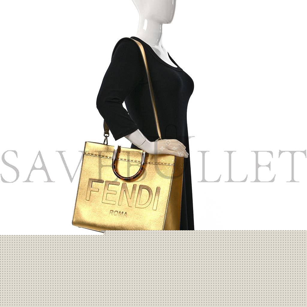 FENDI VITELLO CATALAN MIRROR PLEXIGLASS LOGO EMBOSSED MEDIUM FENDI SUNSHINE SHOPPER TOTE GOLD (36*30*14cm)