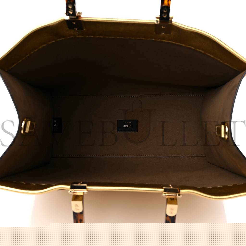 FENDI VITELLO CATALAN MIRROR PLEXIGLASS LOGO EMBOSSED MEDIUM FENDI SUNSHINE SHOPPER TOTE GOLD (36*30*14cm)