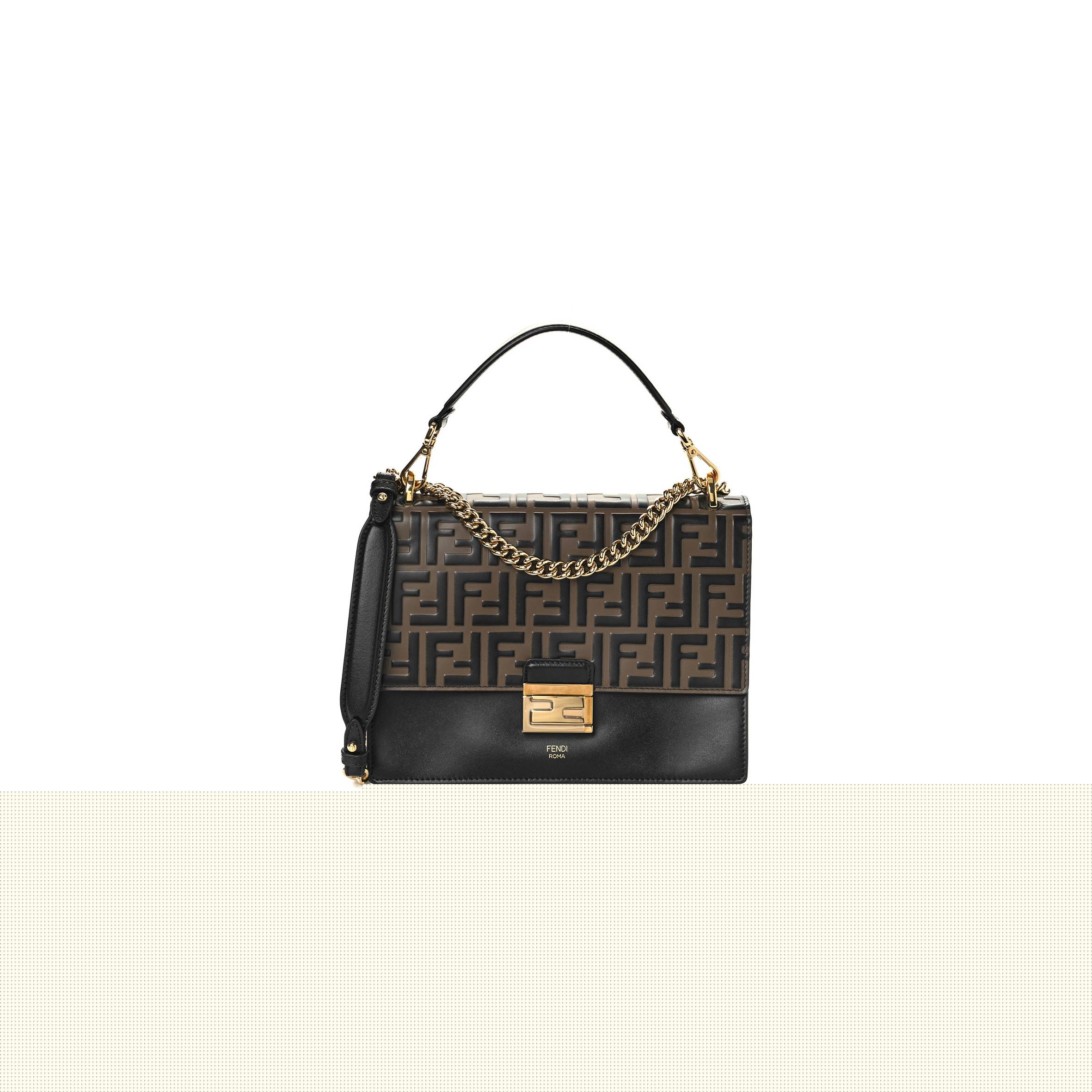 FENDI VITELLO LIBERTY BI-COLOR FF 1974 EMBOSSED CHAIN STRAP KAN U SHOULDER BAG BLACK MAYA (25*20*8cm)