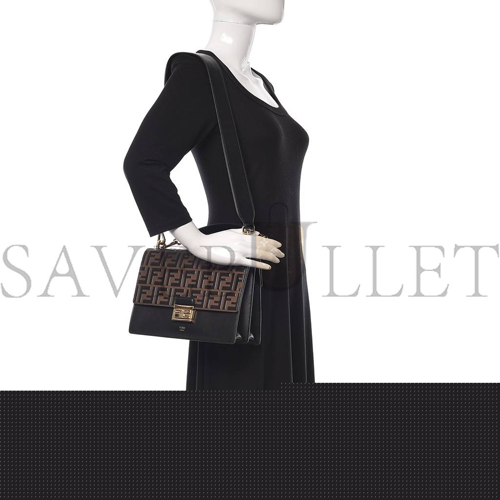 FENDI VITELLO LIBERTY BI-COLOR FF 1974 EMBOSSED CHAIN STRAP KAN U SHOULDER BAG BLACK MAYA (25*20*8cm)