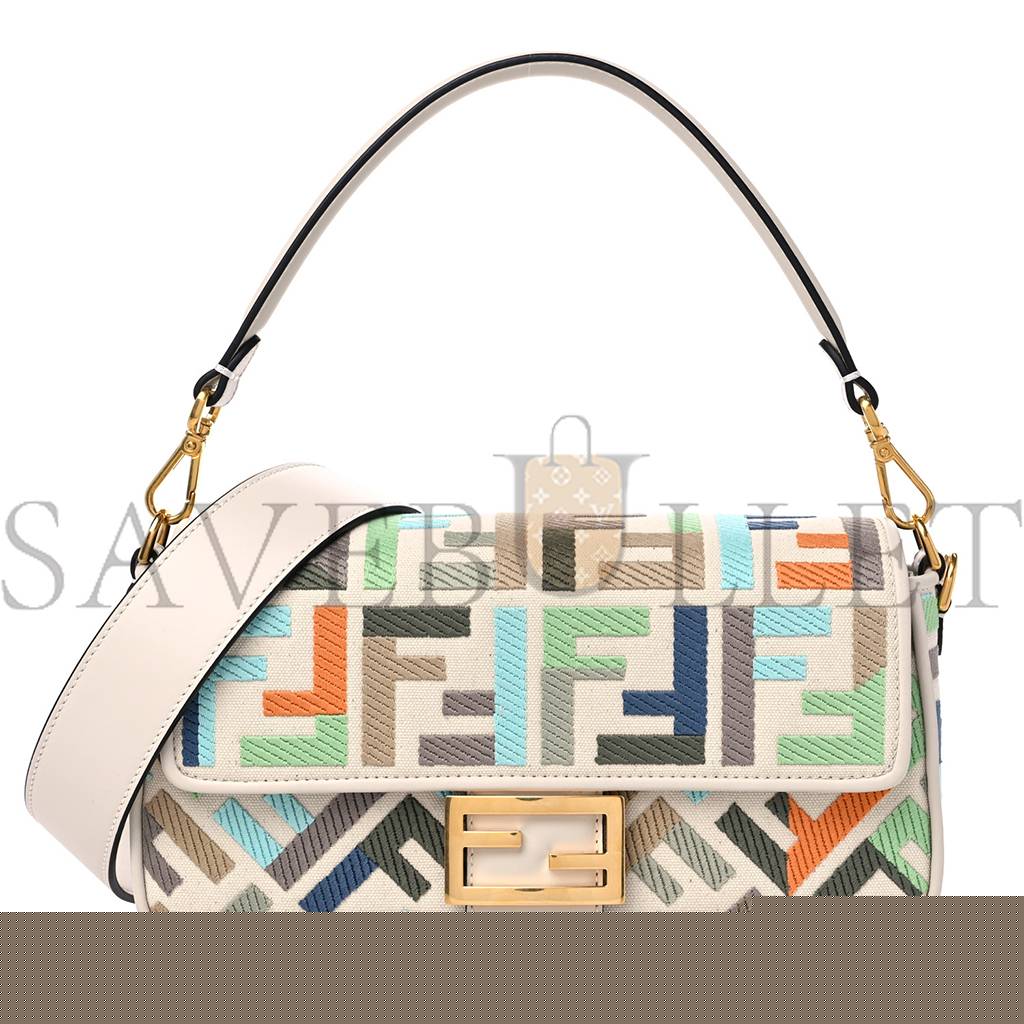 FENDI KUBAN CANVAS VITELLO KING FF EMBROIDERED BAGUETTE LATTE MULTICOLOR (27*13*6cm)