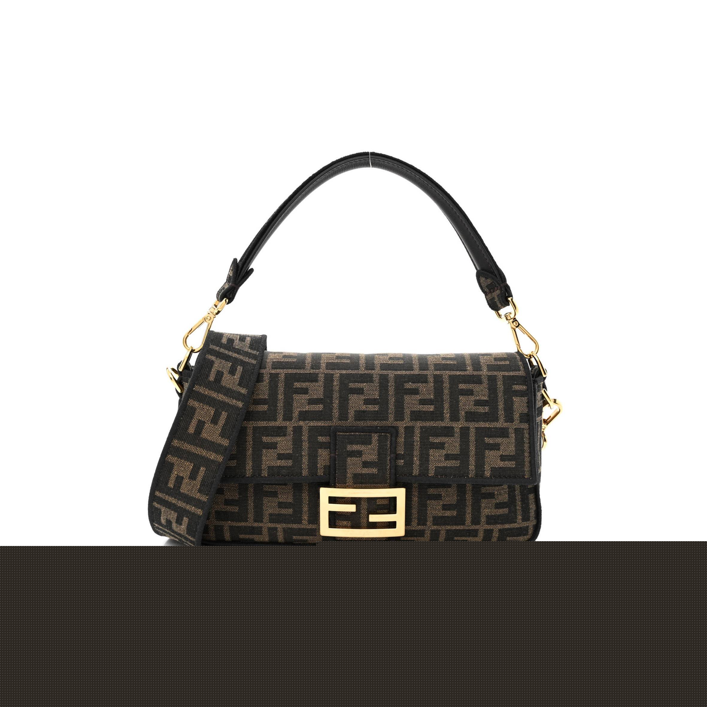 FENDI FABRIC JACQUARD FF 1974 MEDIUM BAGUETTE TOBACCO MORO BLACK (27*14*6cm)