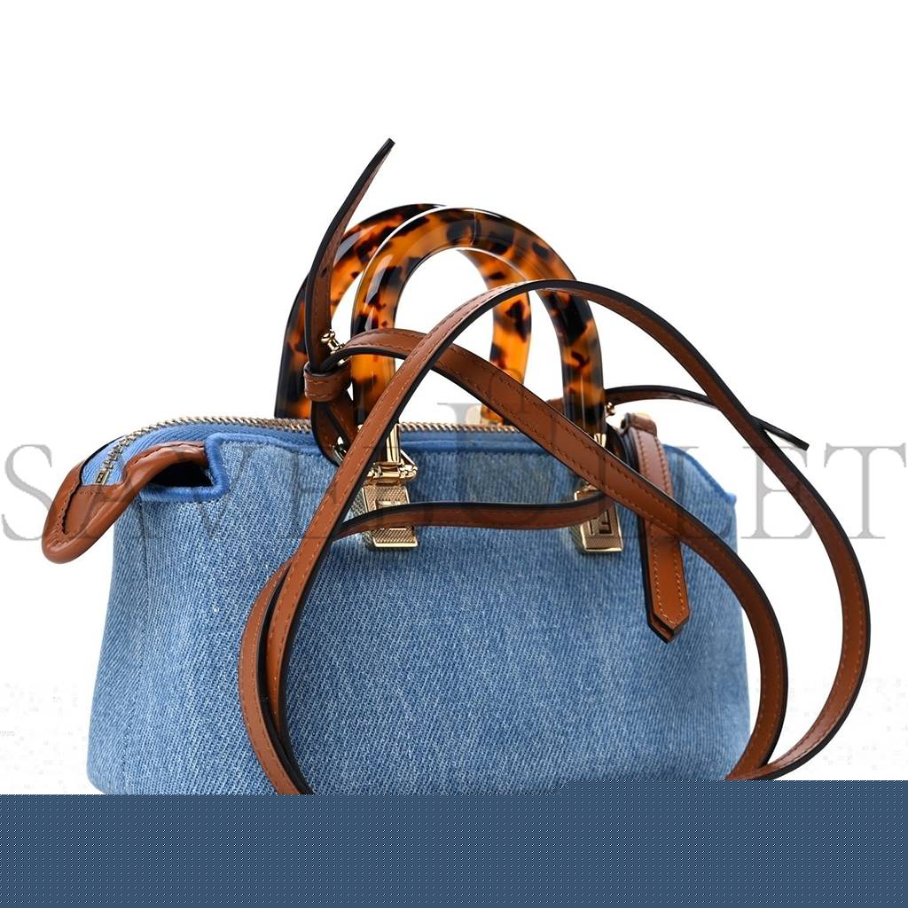 FENDI DENIM VITELLO KING PLEXIGLASS LOGO EMBROIDERED MINI BY THE WAY TOP HANDLE BOSTON BAG LIGHT BLUE (18*10*9cm)
