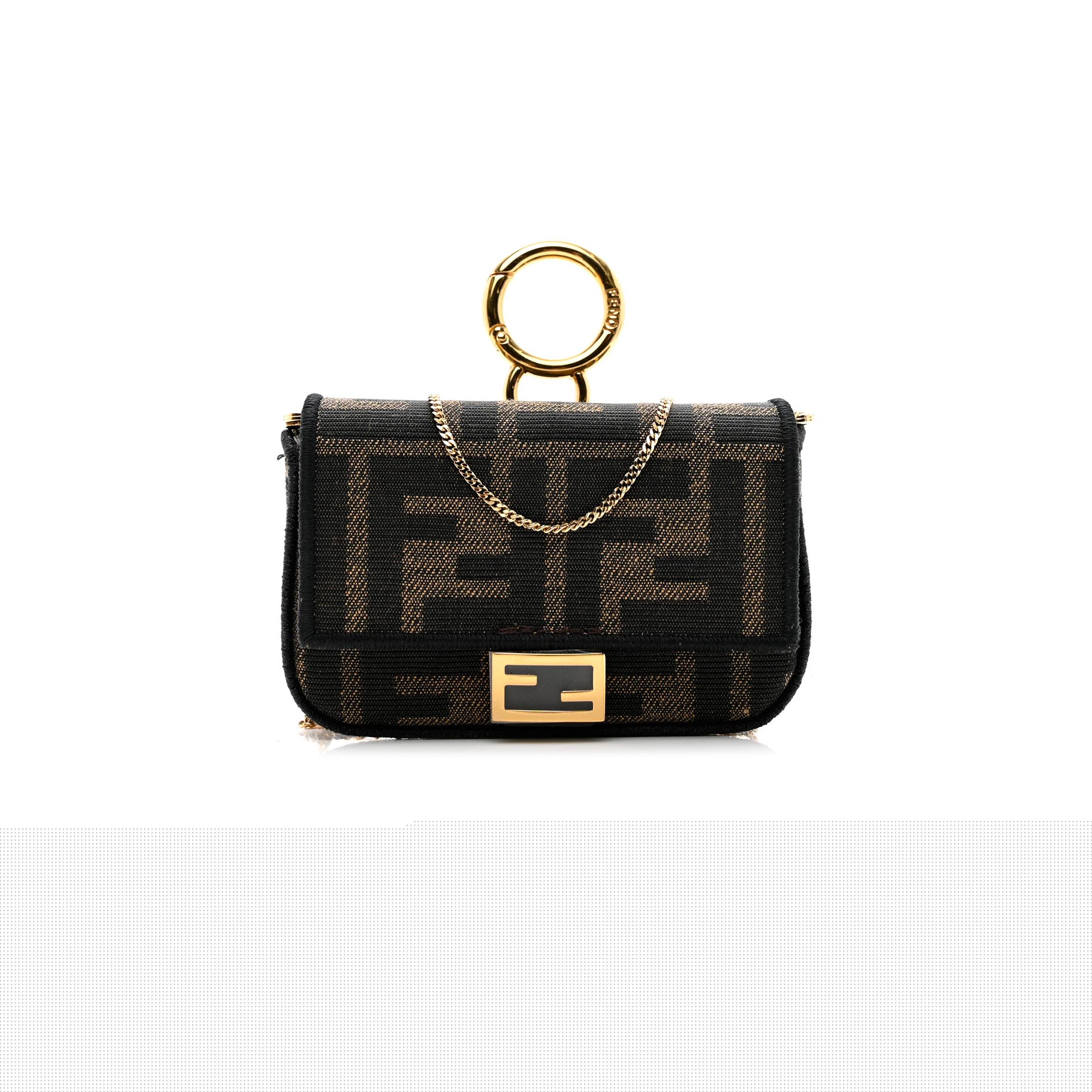 FENDI FABRIC JACQUARD FF 1974 NANO BAGUETTE CHARM TOBACCO MORO BLACK (10*6*3cm)