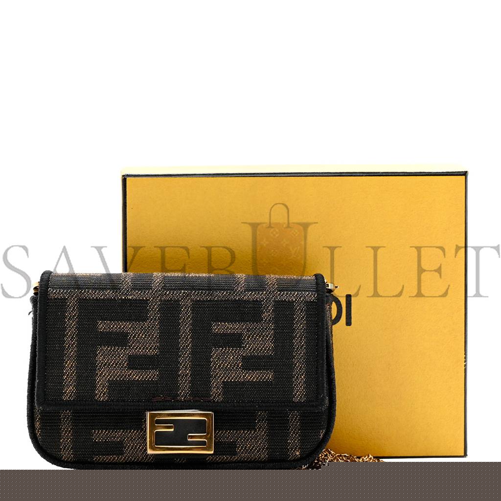 FENDI FABRIC JACQUARD FF 1974 NANO BAGUETTE CHARM TOBACCO MORO BLACK (10*6*3cm)