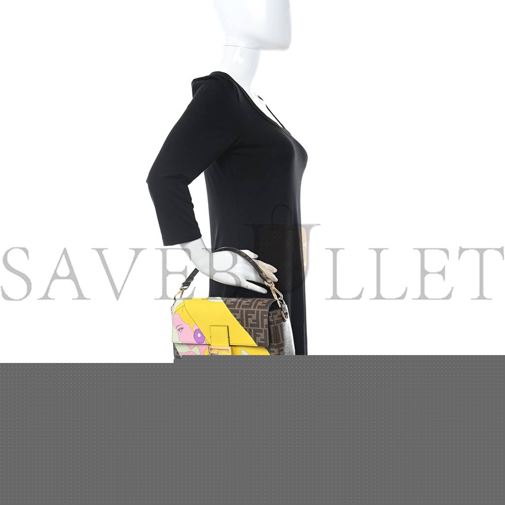 FENDI GLAZED FABRIC FF 1974 HAIRDO GIRLS INLAY BAGUETTE MOGANO PANNA MULTICOLOR (27*15*6cm)