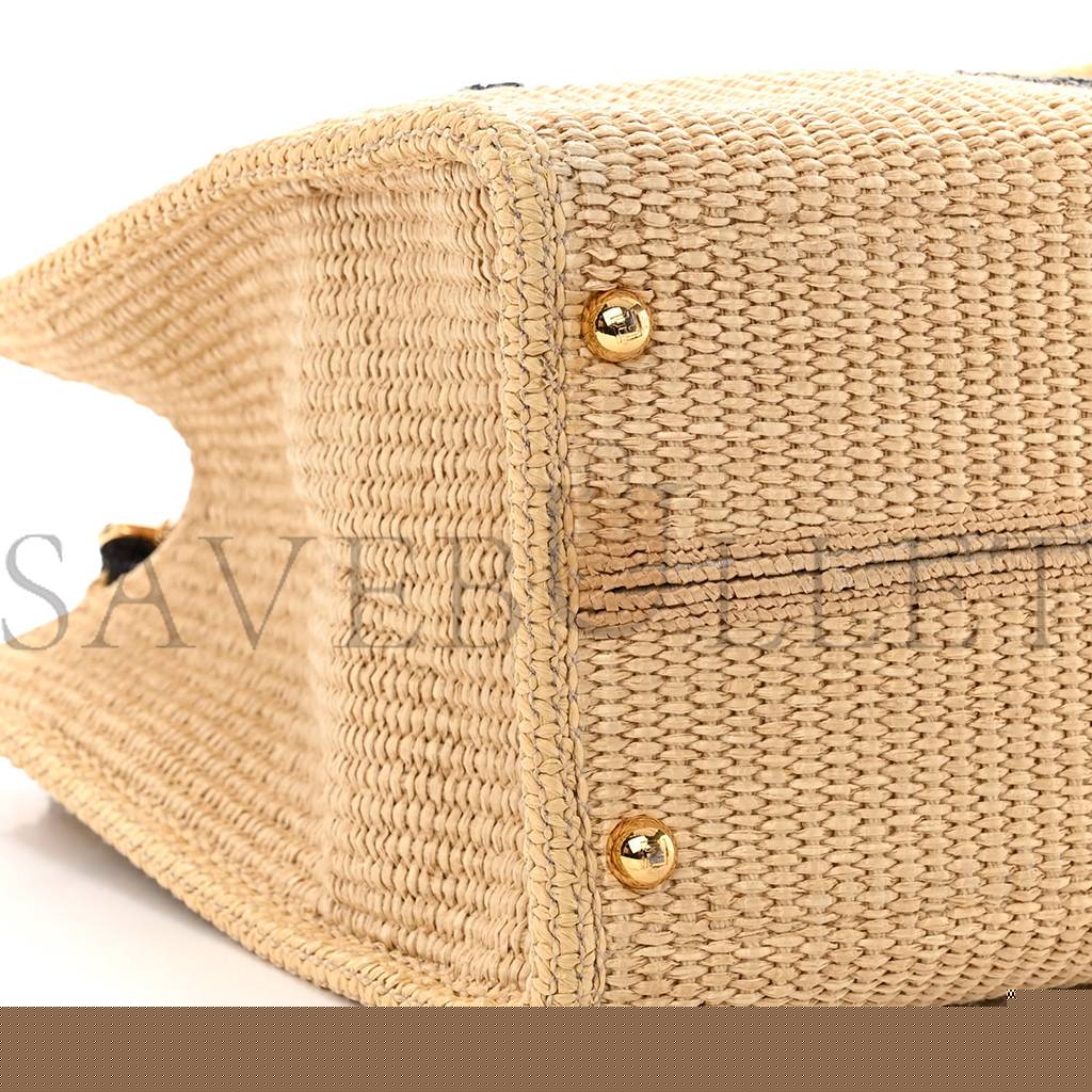 FENDI STRAW VITELLO KING PLEXIGLASS WOVEN MEDIUM FENDI SUNSHINE SHOPPER TOTE NATURAL BLACK (36*32*17cm)