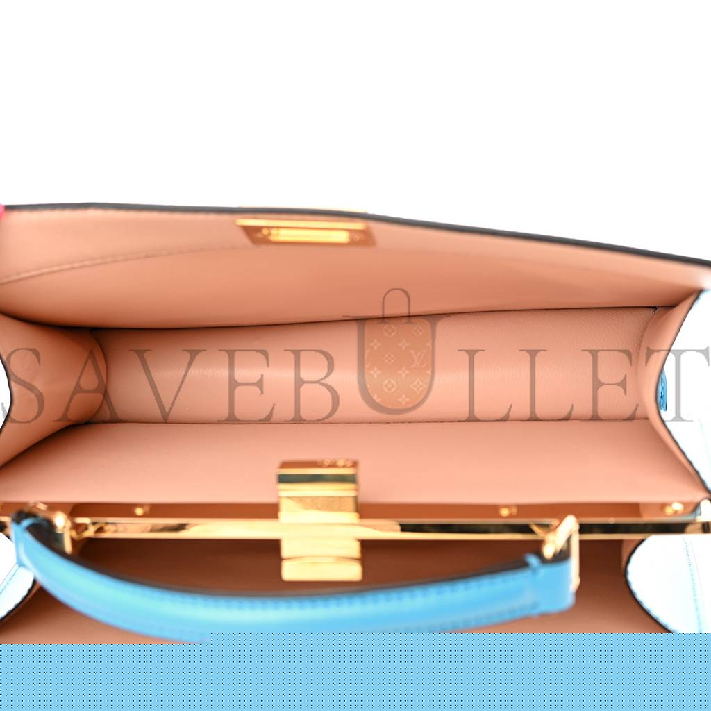 FENDI VITELLO KING LUXOR SHINY NAPPA MEDIUM PEEKABOO I SEE U EAST WEST SATCHEL CYBER BLUE LIGHT ROSE (29*18*11cm)
