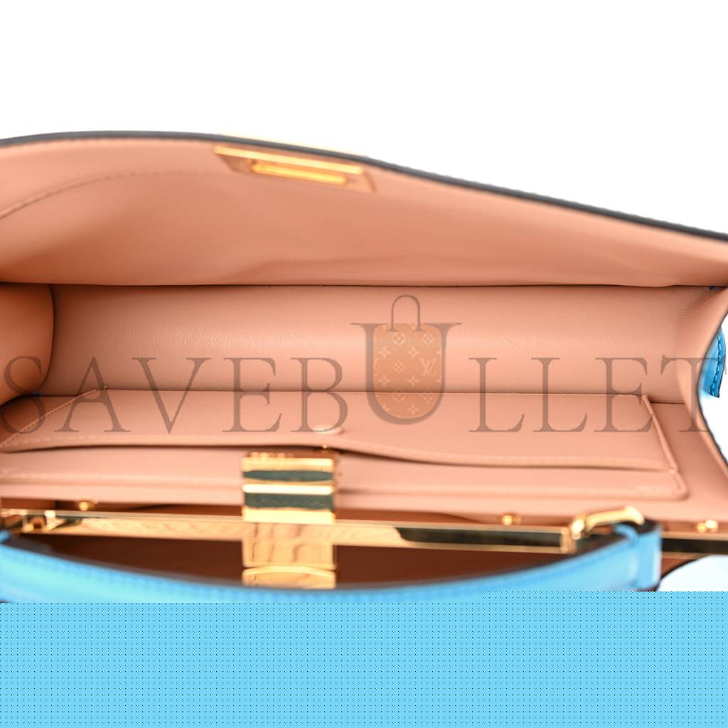 FENDI VITELLO KING LUXOR SHINY NAPPA MEDIUM PEEKABOO I SEE U EAST WEST SATCHEL CYBER BLUE LIGHT ROSE (29*18*11cm)