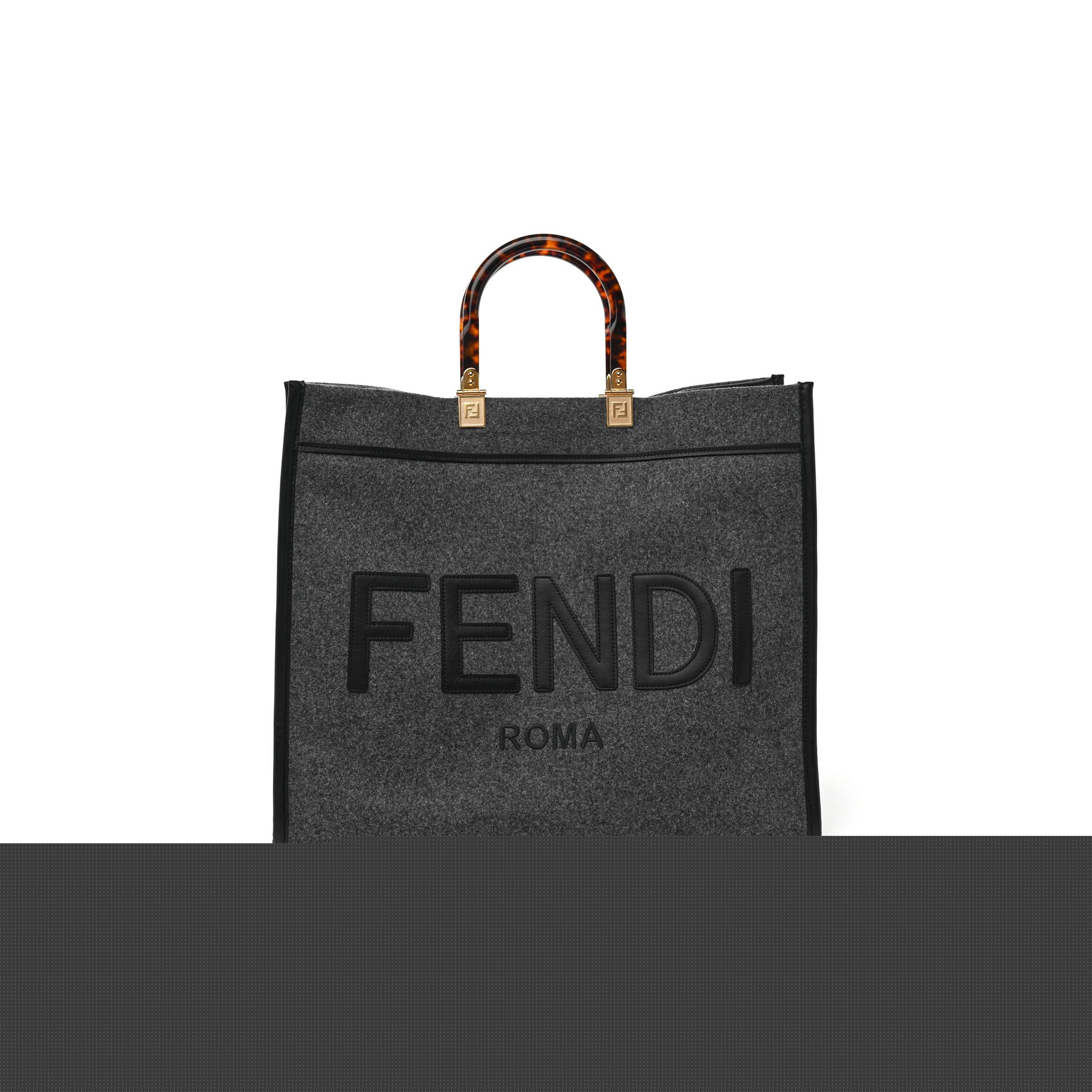 FENDI MELANGE FLANNEL PLEXIGLASS SATIN LOGO EMBROIDERED THREADED EDGE MEDIUM FENDI SUNSHINE SHOPPER TOTE GRIGIO BLACK (40*34*20cm)