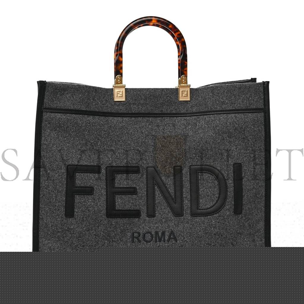 FENDI MELANGE FLANNEL PLEXIGLASS SATIN LOGO EMBROIDERED THREADED EDGE MEDIUM FENDI SUNSHINE SHOPPER TOTE GRIGIO BLACK (40*34*20cm)