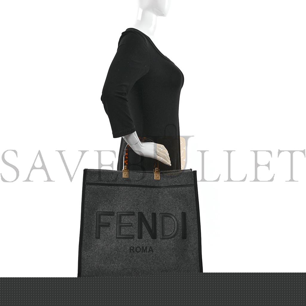 FENDI MELANGE FLANNEL PLEXIGLASS SATIN LOGO EMBROIDERED THREADED EDGE MEDIUM FENDI SUNSHINE SHOPPER TOTE GRIGIO BLACK (40*34*20cm)