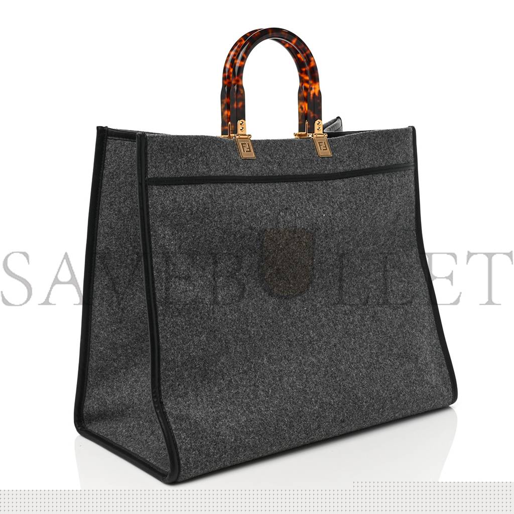 FENDI MELANGE FLANNEL PLEXIGLASS SATIN LOGO EMBROIDERED THREADED EDGE MEDIUM FENDI SUNSHINE SHOPPER TOTE GRIGIO BLACK (40*34*20cm)